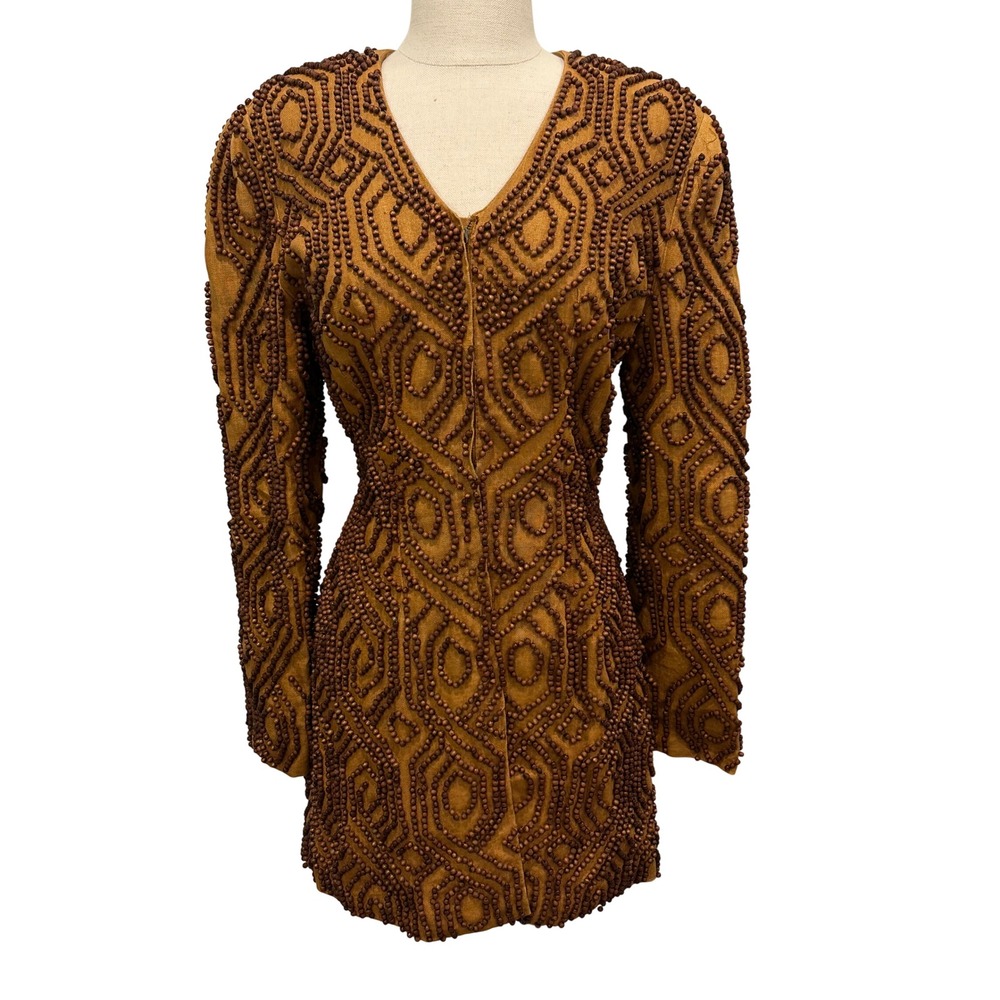 Carmen Marc Valvo Wood Beaded Linen Mini Dress Jacket Mustard Yellow Size 4
